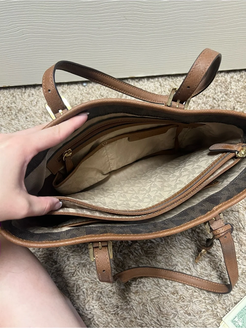 Michael Kors Brown MK Logo Tote with Tan Trim